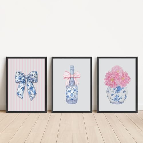 Black Framed Blue Pink White Flower Canvas Wall Art Set - 12x16 Inch, Chinoiserie Style