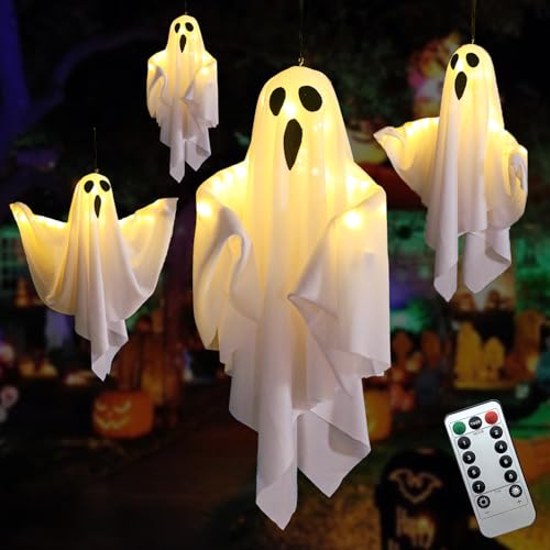 4 Pcs Halloween Hanging Ghost Decorations with Remote Control & 8 Lighting Modes