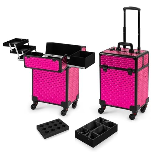 AROUS Rolling Makeup Train Case Cosmetic Travel Trolley with 4 Aluminum Trays with Sliding Rail Removable Middle Layer with Key Swivel Wheels Salon Barber Traveling Cart Trunk, Rose Red