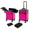 AROUS Rolling Makeup Train Case Cosmetic Travel Trolley with 4 Aluminum Trays with Sliding Rail Removable Middle Layer with Key Swivel Wheels Salon Barber Traveling Cart Trunk, Rose Red