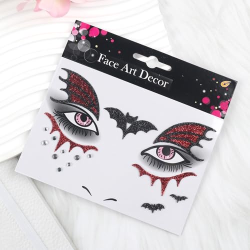 Halloween Face Tattoo Bat Face Stickers with Rhinestones & Glitter - Variation 07.Halloween A
