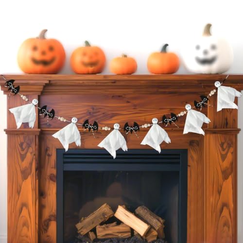 7 Ft Halloween Ghost Bat Garland with Wooden Beads, Rustic Indoor Outdoor Decor