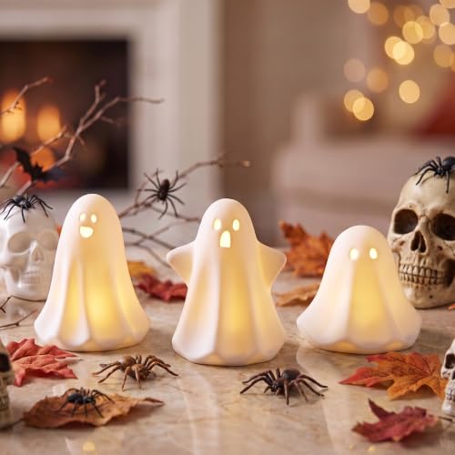 3-Pack Ceramic Ghost Halloween Decorations with Warm Amber LED Glow - Indoor Spooky Decor