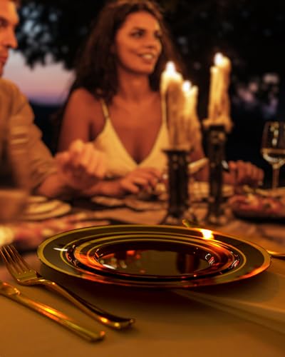 Black Plastic Dinner Plate Set with Gold Rim - 100PCS, Disposable & Reusable
