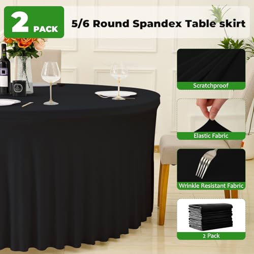 Black 5ft Round Spandex Tablecloth with Skirt - 60 Inch Fitted Wrinkle-Free Cover for Wedding & Events - 2 Pack
