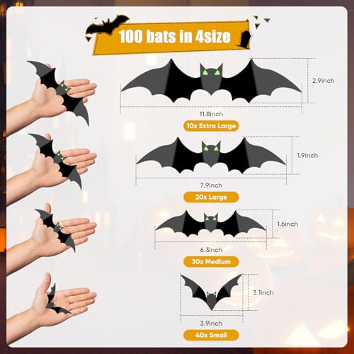 100Pcs Halloween 3D Bat Wall Decorations with Glow Eyes - Spooky Black Stickers for Indoor Decor