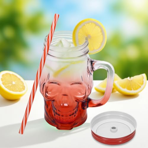 Skull Mason Jar with Handle - 16 Oz Glass Beer Mug Halloween Drinkware - Red / 1