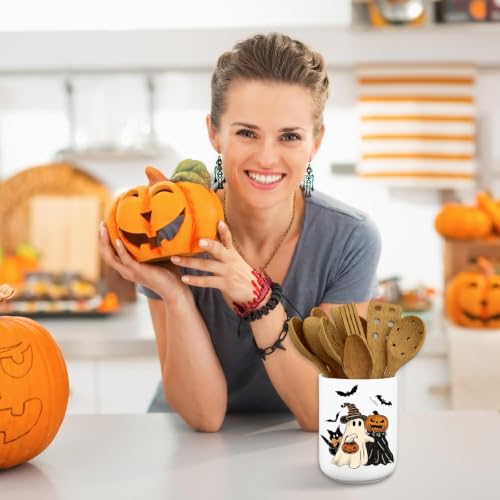 Halloween Ceramic Utensil Holder Pumpkin Ghost Vintage Kitchen Organizer