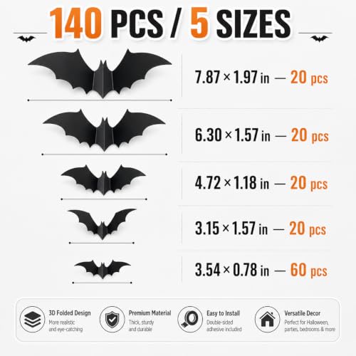 3D Bat Wall Decor Halloween Stickers - 140 Pieces, Realistic & Reusable