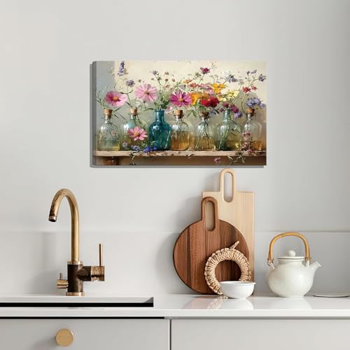 Colorful Farmhouse Floral Canvas Wall Art - 16x24 Inches Framed