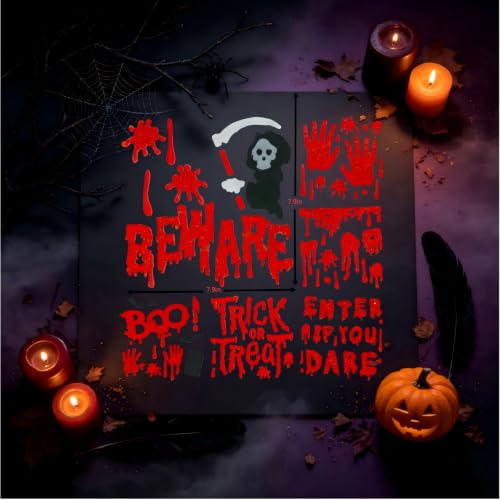Halloween Gel Window Clings Set - Bloody Handprint & Grim Reaper Variation