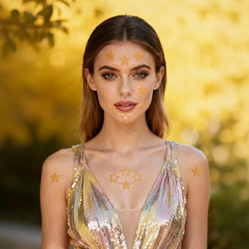Gold Star Face Gems Set - 6 Sheets Temporary Body & Face Rhinestones for Makeup & Parties
