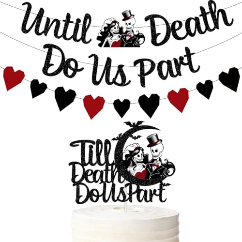 Black Heart Banner & Cake Topper Set for Wedding Halloween Party Decorations
