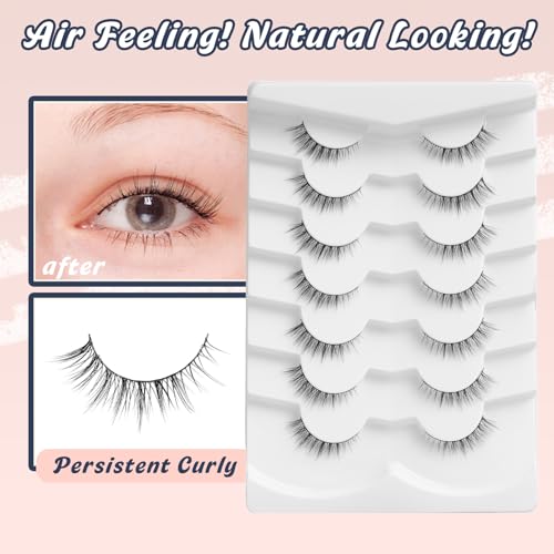Siligli Airy Cat 2-12mm Wispy Short False Eyelashes 7 Pairs - Natural Look, Thin Band, Reusable, Vegan