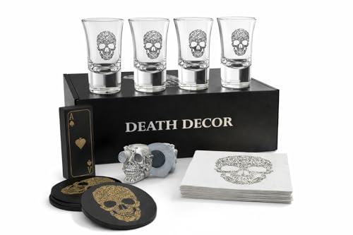 Skull Gothic Shot Glass Gift Set - 4 Dark Themed Glasses Coasters & Cards