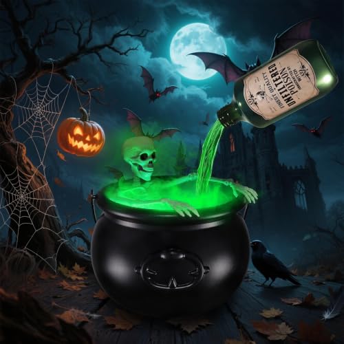 Green Halloween Cauldron Bowl with Skeleton and Fog Effect - Splashproof Decor