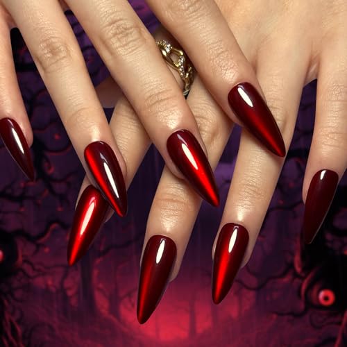 Press On Nails Long Almond Fake Nails with Red Cat's Eye Glitter - Style21
