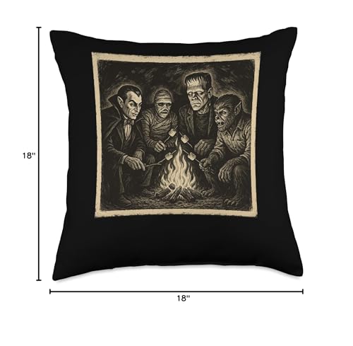 Classic Monsters Campfire Halloween Throw Pillow 18x18 - Spooky Movie Night Decor