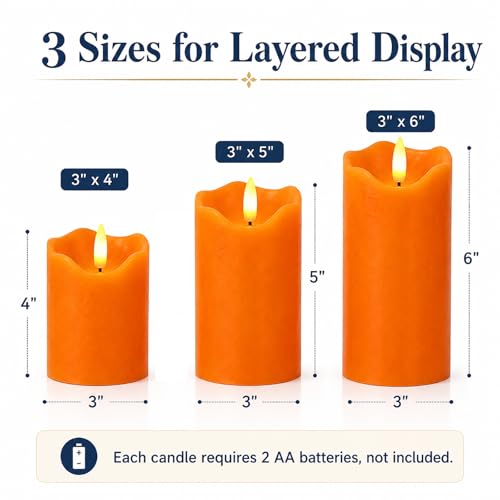 Orange Flameless Pillar Candles Set - 3 Sizes with Remote & Timer - Halloween Decor