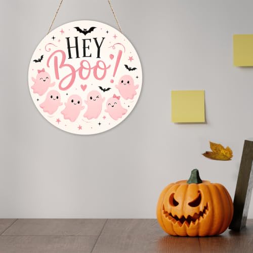 Pink Halloween Ghost Door Decor Wooden Sign - Hey Boo! 02