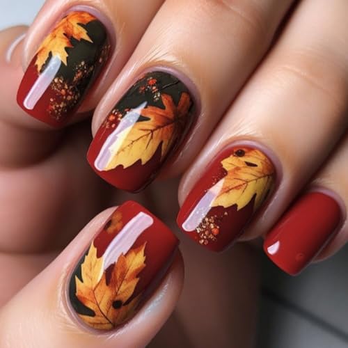 Fall Maple Press On Nails Short Square Glitter Leaves Design - Autumn Nails for Women - 24Pcs