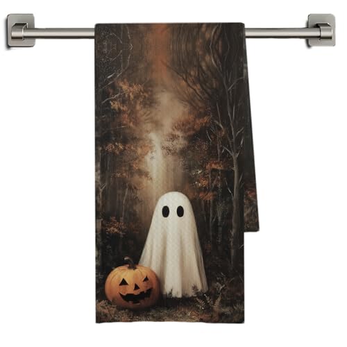 Halloween Ghost Pumpkin Kitchen Towel Set - Vintage Rustic Hand Towels for Bathroom & Kitchen - 16x24 Inch - Ghost Variation
