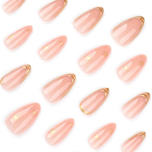 Press On Nails Almond Fake Nails with Gold Line Design - Variation 4, 24Pcs