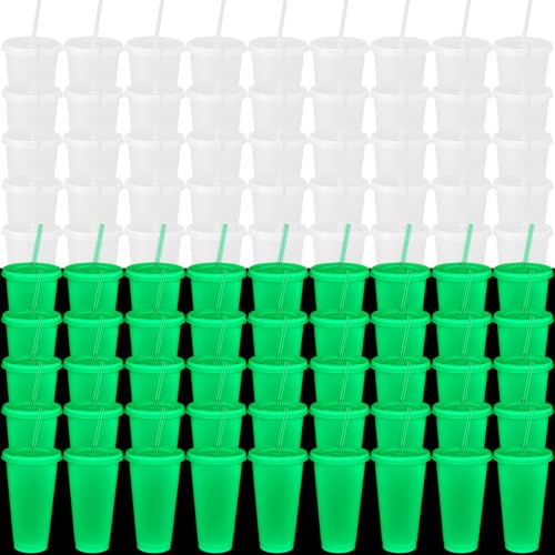 Glow in the Dark Plastic Cups with Lids & Straws - 24 oz, Fluorescent Green, 45 Pack - Halloween Party Supplies