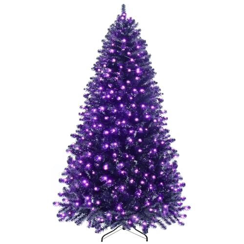 Black 6ft Artificial Christmas Tree with Purple LED Lights, Full Branch Tips & Metal Stand - Halloween & Holiday Decor