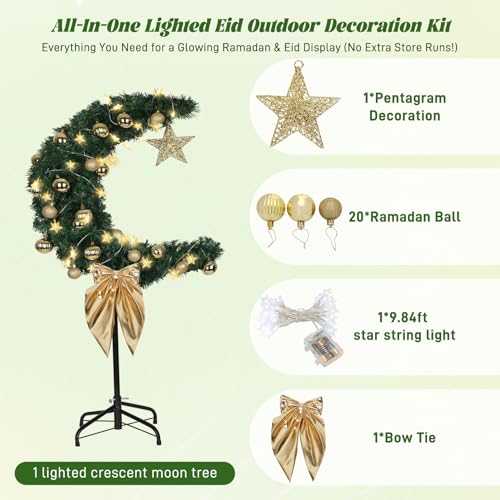 3 FT Eid Ramadan Moon Tree with LED Star String - Green Islamic Garden & Indoor Decor