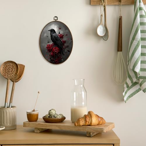 Oval Framed Gothic Black Crow Raven Wall Art - 11.3 x 8.7 Inches, Dark Academia Decor