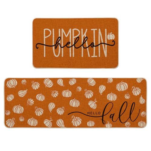 Pumpkin Fall Kitchen Mats Set of 2 - 17x29 & 17x47 Inches, Orange