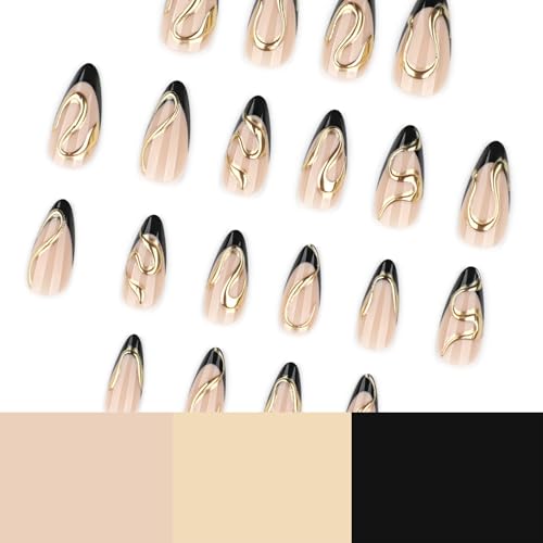 Black French Tip Press On Nails Almond Stiletto - Nude Glossy Fake Nails A07-Black