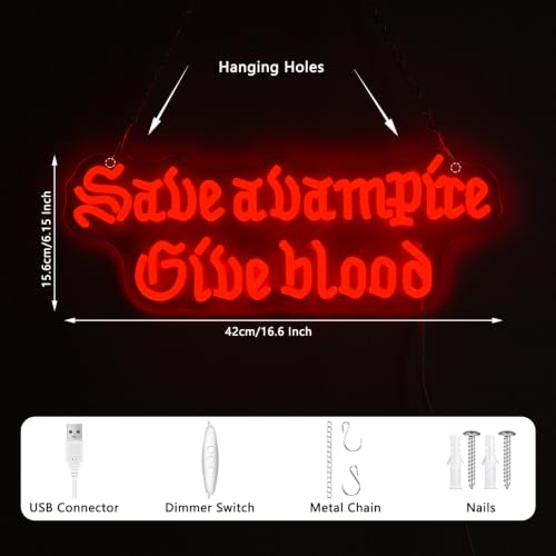 Red Save A Vampire Give Blood Neon Sign - Dimmable Gothic Horror Wall Decor for Home Bar Bedroom Halloween Spooky Gift