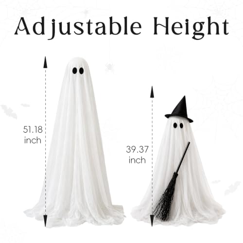 Large Ghost Halloween Outdoor Decoration with Light-Up Spooky Broom - 2 Pack