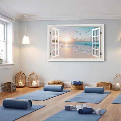Pink Beach Wall Art Canvas for Living Room & Bedroom - Sunset Seascape 32x48in - Large Ocean Picture with Fake Window Frame Style