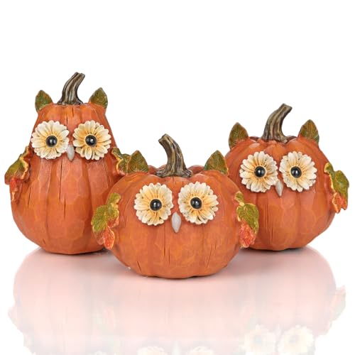 Fall Pumpkin Decor Small Fake Pumpkins with Owl Face - Orange Resin Set of 3