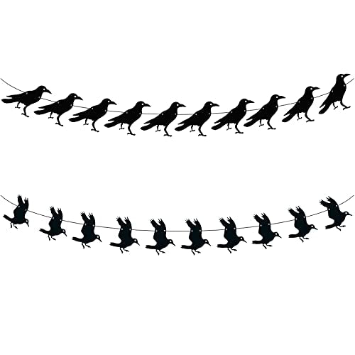 Black Felt Crow Garland Banner for Halloween & Haunted House Decor - 2 Pack
