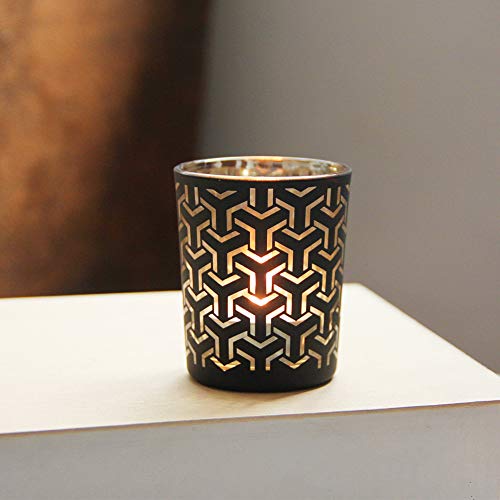 Black Gold Glass Candle Holders Set of 12 with Geometric Patterns - Ramadan Decor