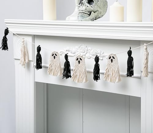Halloween Ghost Tassel Garland - Black & White 9Ft Macrame Banner Decor