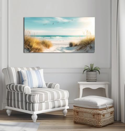 Beach Reeds Canvas Wall Art - Ocean Coastal Landscape for Living Room & Bedroom - 20x40 Inches