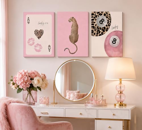Pink Leopard Canvas Wall Art Set - 16x12 Inches, Preppy Animal Decor for Girls Room
