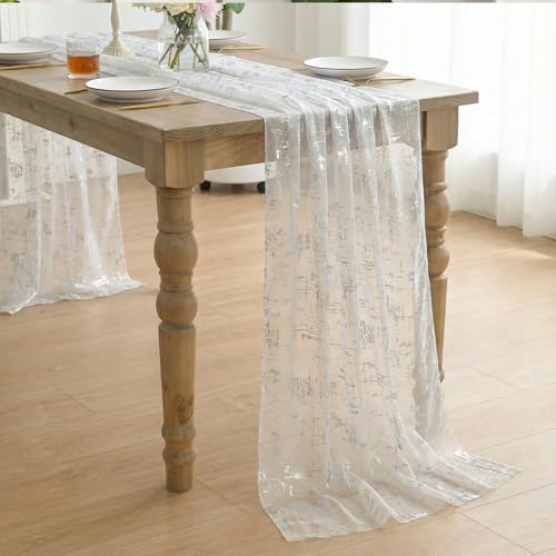 60x60 Inch White Silver Gauze Tablecloth with Silver Star Sequin for Wedding & Party - Sheer Tulle