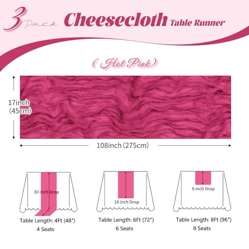 3 Pack Hot Pink Cheesecloth Table Runner 17x108 Inch for Wedding Party Holiday