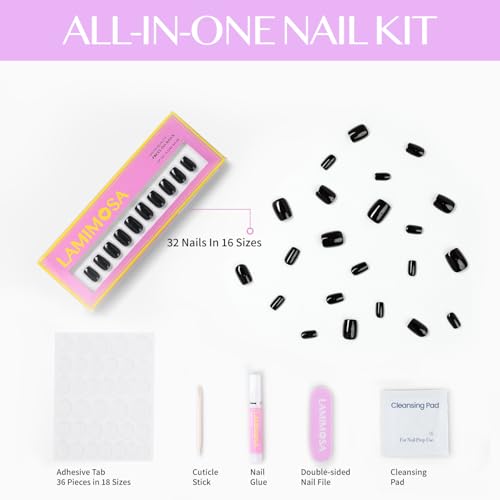 Black Short Square Press-On Nails Set - Reusable Gel Fake Nails with 16 Sizes, Midnight Variation
