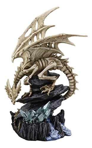Gothic Skeleton Bone Dragon Statue with Crystal Cavern Decor - 10.25 Inch Fantasy Figurine