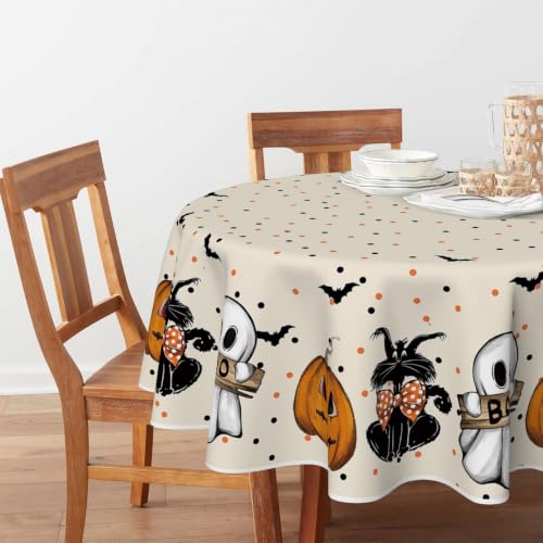 Halloween Tablecloth 90 Inch Round Jack-O-Lantern Ghost Cat Beige