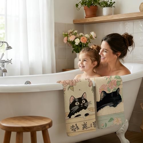 Funny Black Cat Hand Towels Set for Cat Lovers Bathroom Decor - 4 Pcs
