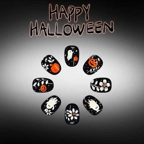 Halloween Press On Nails Short Almond Fake Nails with Ghost Pumpkin Flower Design - Variation 245