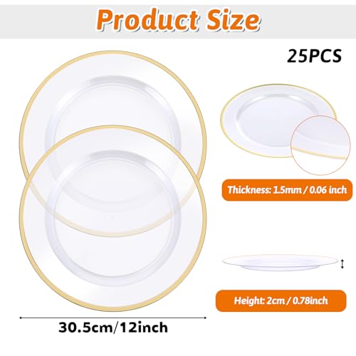 25 Pack 12-Inch Gold Trim Clear Plastic Charger Plates for Events and Weddings